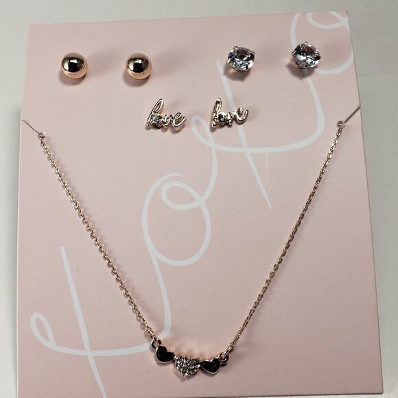 Women's Rose Gold-tone triple Heart Rhinestone Lilac Necklace w/ 3 stud Earrings - Picture 3 of 10